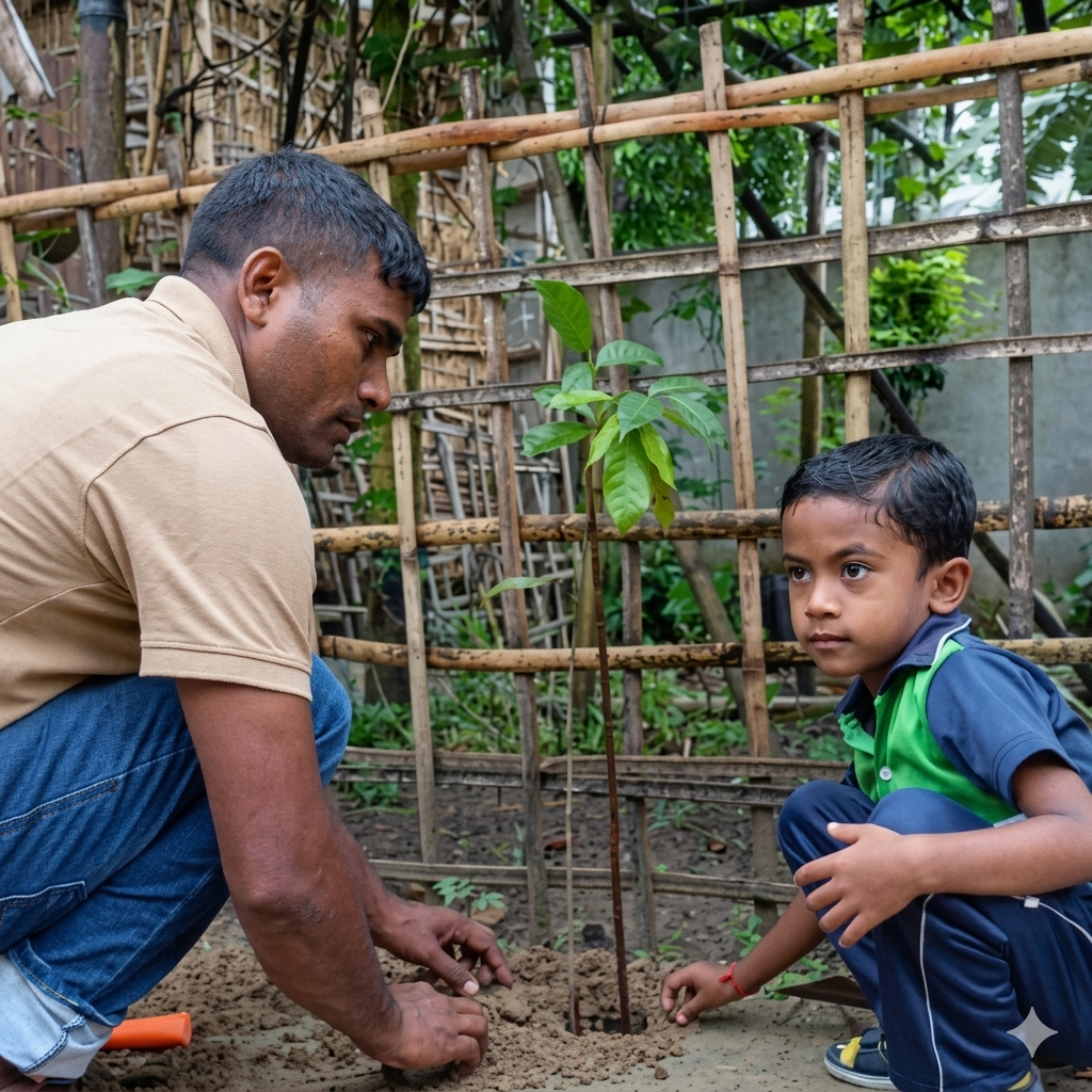 A teacher helping a student plant a tree