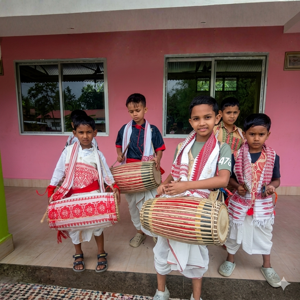 Students in Assamese cultural dress with dhol