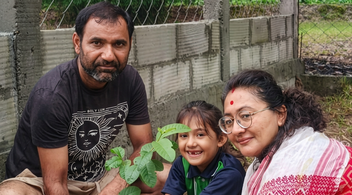 Parents and students planting trees