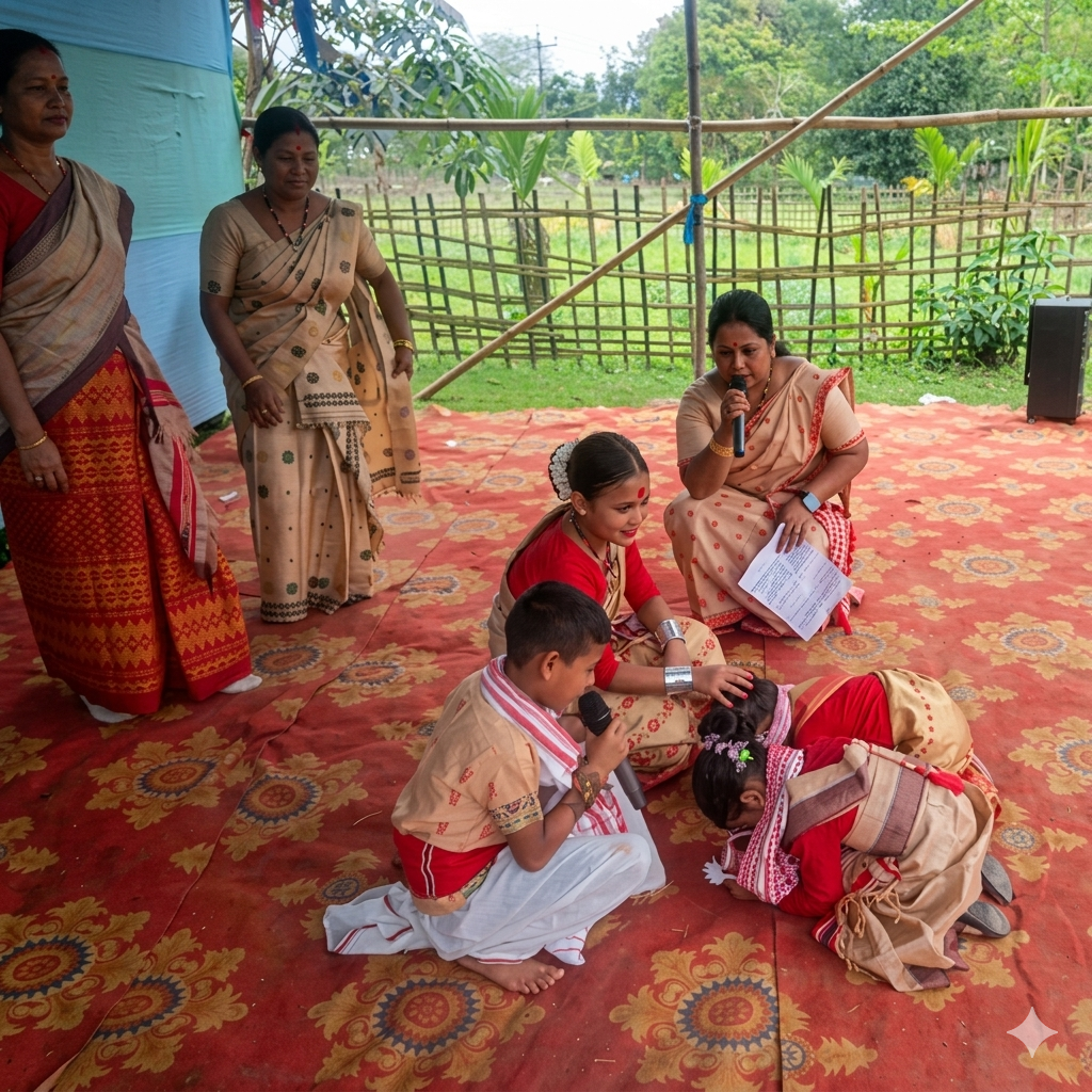 Students in Assamese cultural dress performing